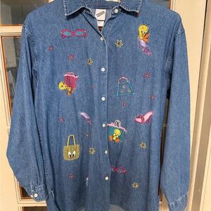 Vintage Warner Bro Studio Tweety Bird Denim Button Up
